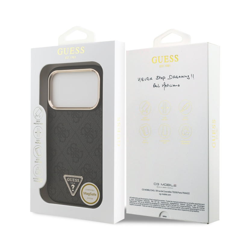 Guess PU Leather 4G Strass Triangle Logo Gold Frame MagSafe Zadní Kryt pro iPhone 18 Pro Black