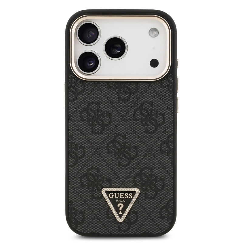 Guess PU Leather 4G Strass Triangle Logo Gold Frame MagSafe Zadní Kryt pro iPhone 18 Pro Black