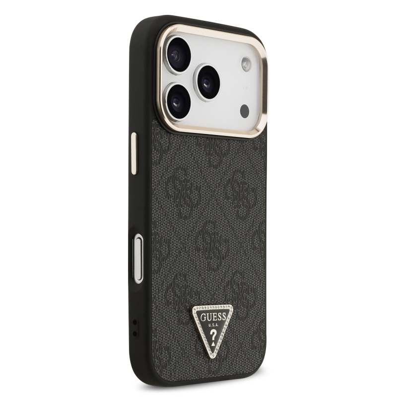 Guess PU Leather 4G Strass Triangle Logo Gold Frame MagSafe Zadní Kryt pro iPhone 18 Pro Black