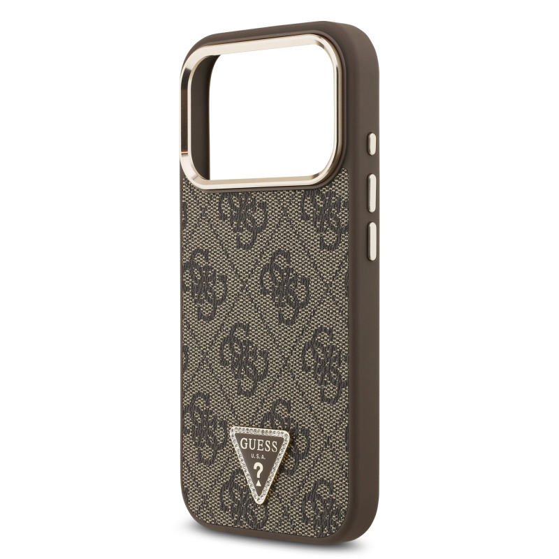 Guess PU Leather 4G Strass Triangle Logo Gold Frame MagSafe Zadní Kryt pro iPhone 18 Pro Brown