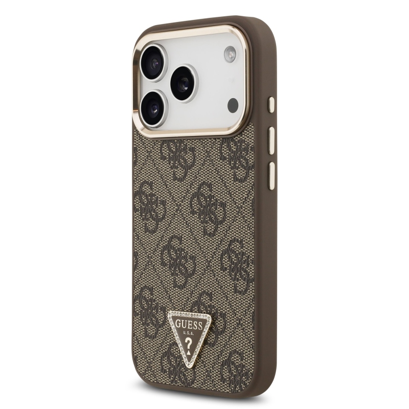 Guess PU Leather 4G Strass Triangle Logo Gold Frame MagSafe Zadní Kryt pro iPhone 18 Pro Brown