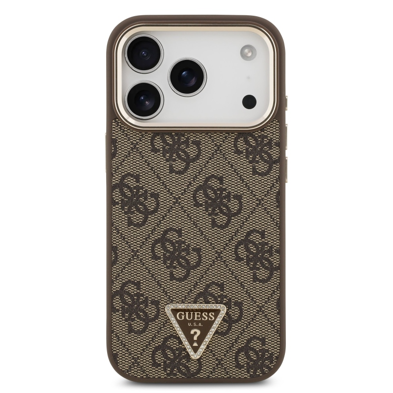 Guess PU Leather 4G Strass Triangle Logo Gold Frame MagSafe Zadní Kryt pro iPhone 18 Pro Brown