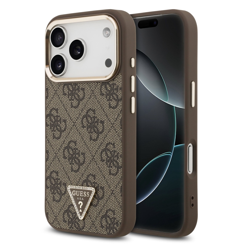 Guess PU Leather 4G Strass Triangle Logo Gold Frame MagSafe Zadní Kryt pro iPhone 18 Pro Brown