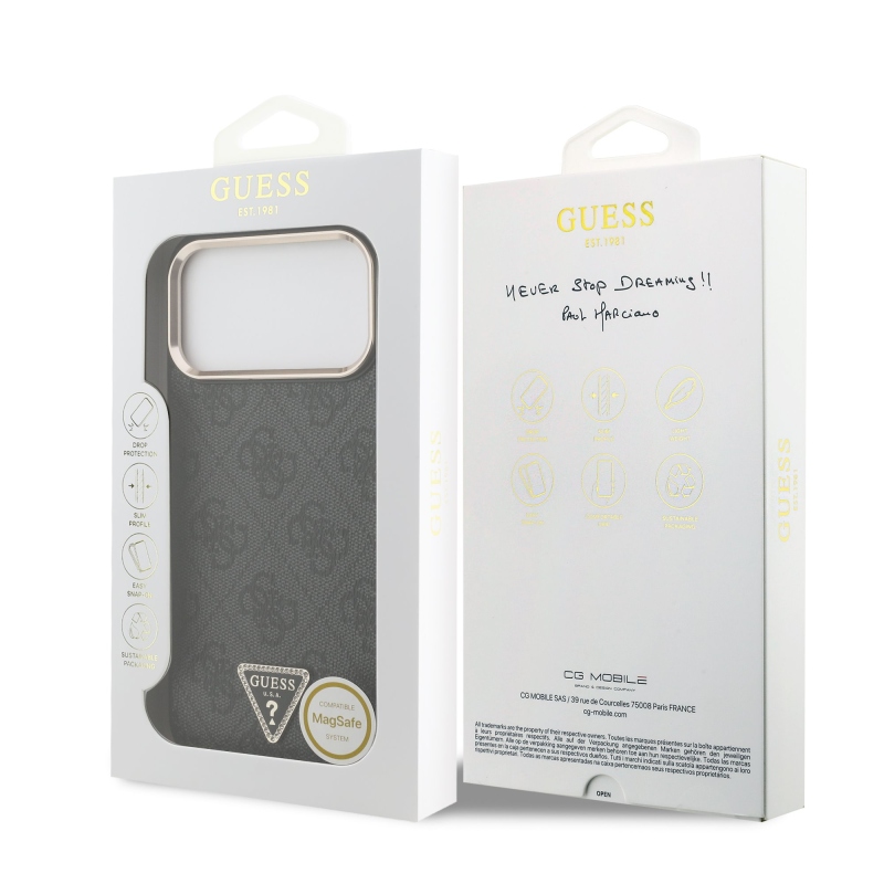 Guess PU Leather 4G Strass Triangle Logo Gold Frame MagSafe Zadní Kryt pro iPhone 18 Pro Max Black