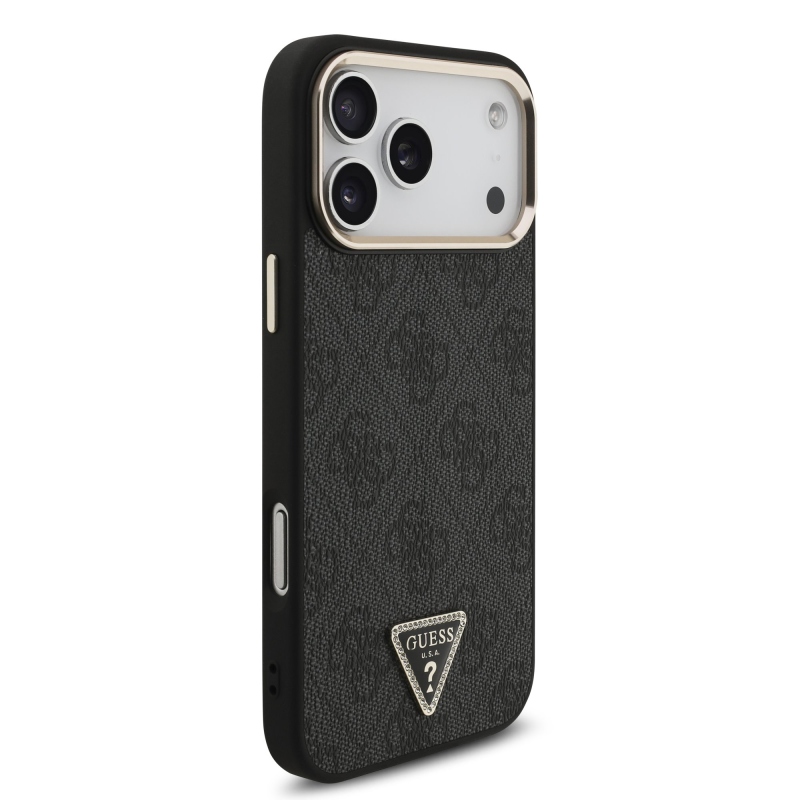 Guess PU Leather 4G Strass Triangle Logo Gold Frame MagSafe Zadní Kryt pro iPhone 18 Pro Max Black