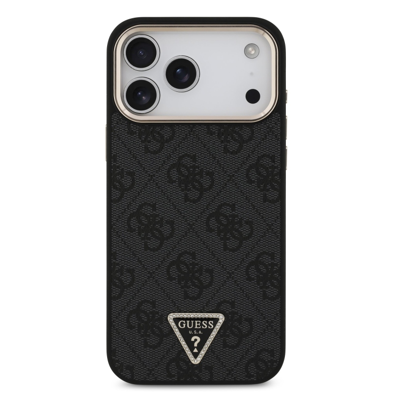 Guess PU Leather 4G Strass Triangle Logo Gold Frame MagSafe Zadní Kryt pro iPhone 18 Pro Max Black