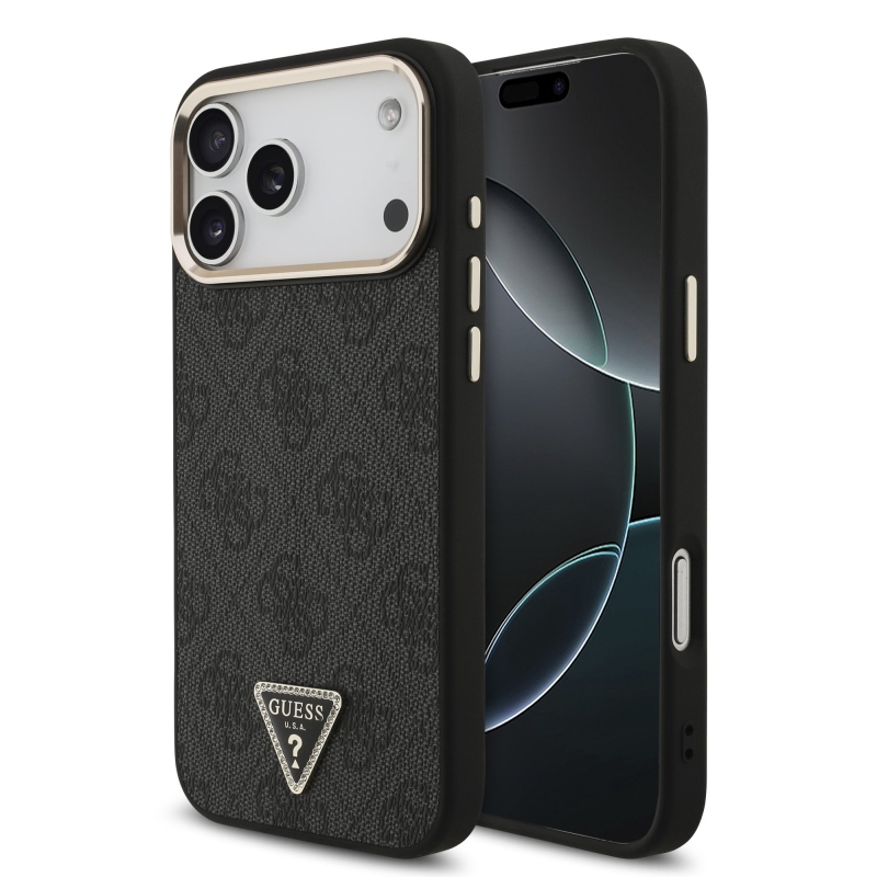 Guess PU Leather 4G Strass Triangle Logo Gold Frame MagSafe Zadní Kryt pro iPhone 18 Pro Max Black