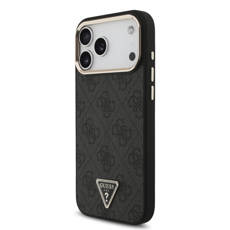 Guess PU Leather 4G Strass Triangle Logo Gold Frame MagSafe Zadní Kryt pro iPhone 18 Pro Max Black