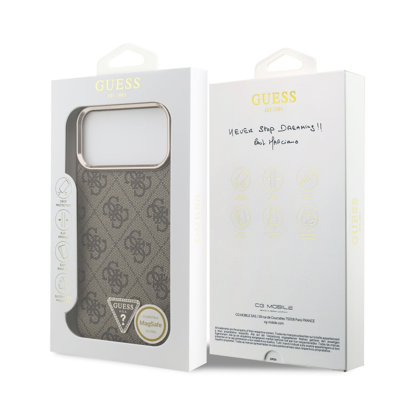 Guess PU Leather 4G Strass Triangle Logo Gold Frame MagSafe Zadní Kryt pro iPhone 18 Pro Max Brown