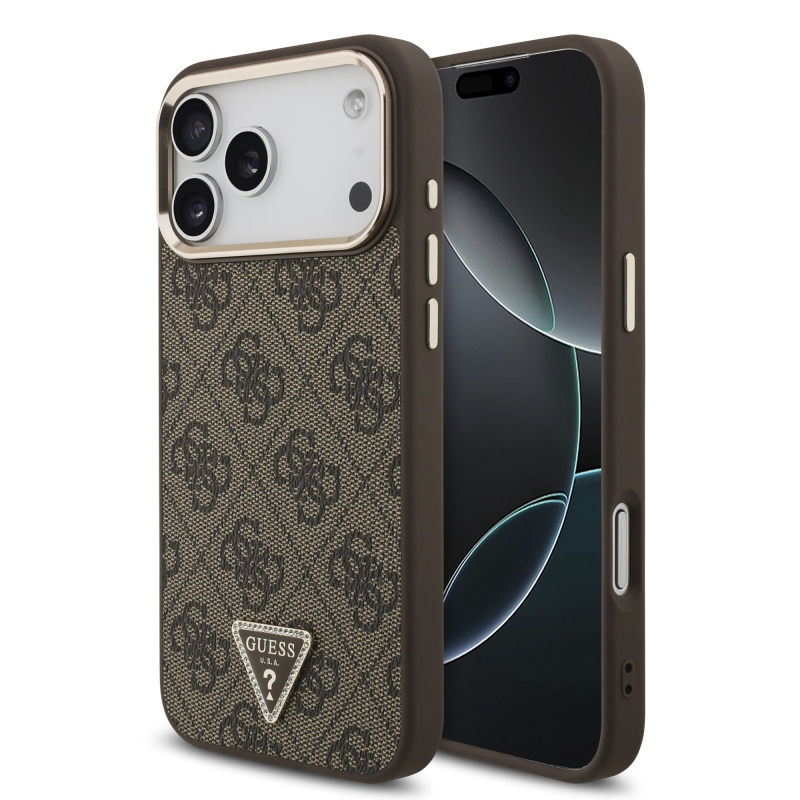 Guess PU Leather 4G Strass Triangle Logo Gold Frame MagSafe Zadní Kryt pro iPhone 18 Pro Max Brown