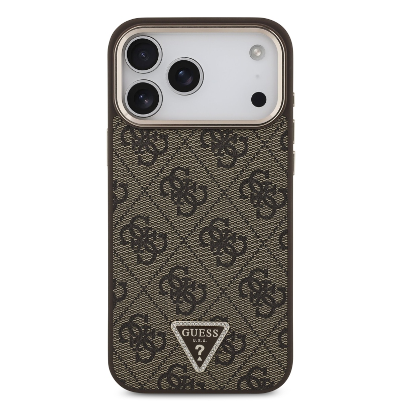 Guess PU Leather 4G Strass Triangle Logo Gold Frame MagSafe Zadní Kryt pro iPhone 18 Pro Max Brown