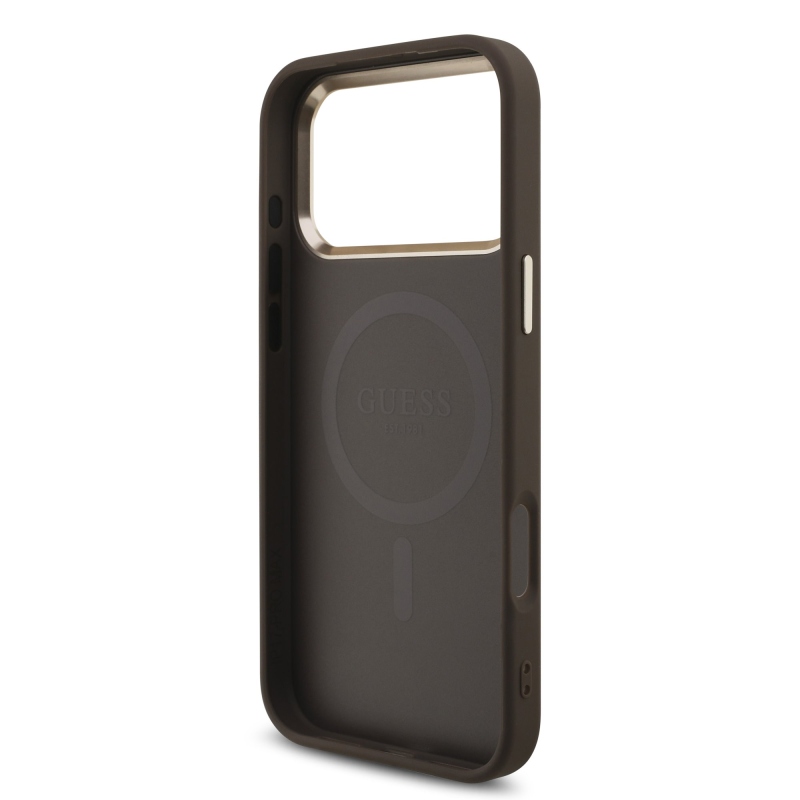 Guess PU Leather 4G Strass Triangle Logo Gold Frame MagSafe Zadní Kryt pro iPhone 18 Pro Max Brown