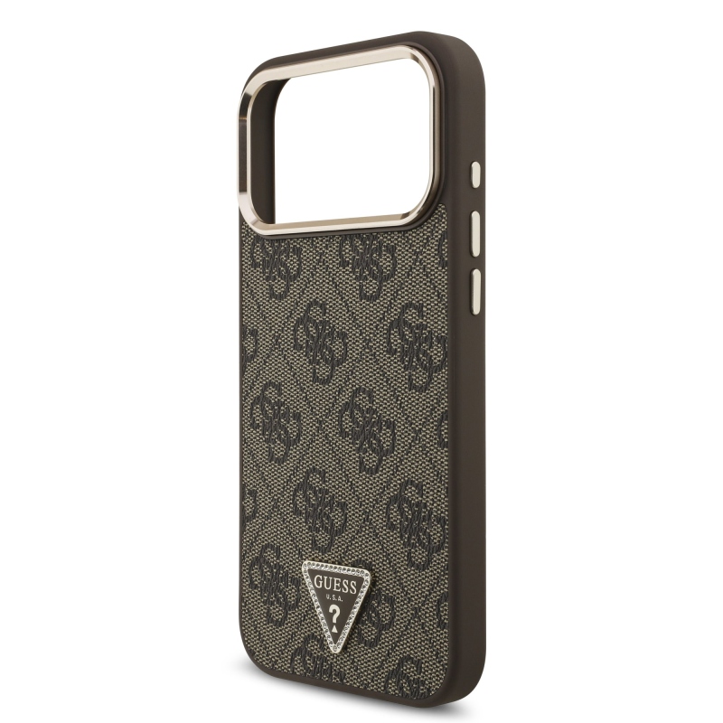 Guess PU Leather 4G Strass Triangle Logo Gold Frame MagSafe Zadní Kryt pro iPhone 18 Pro Max Brown