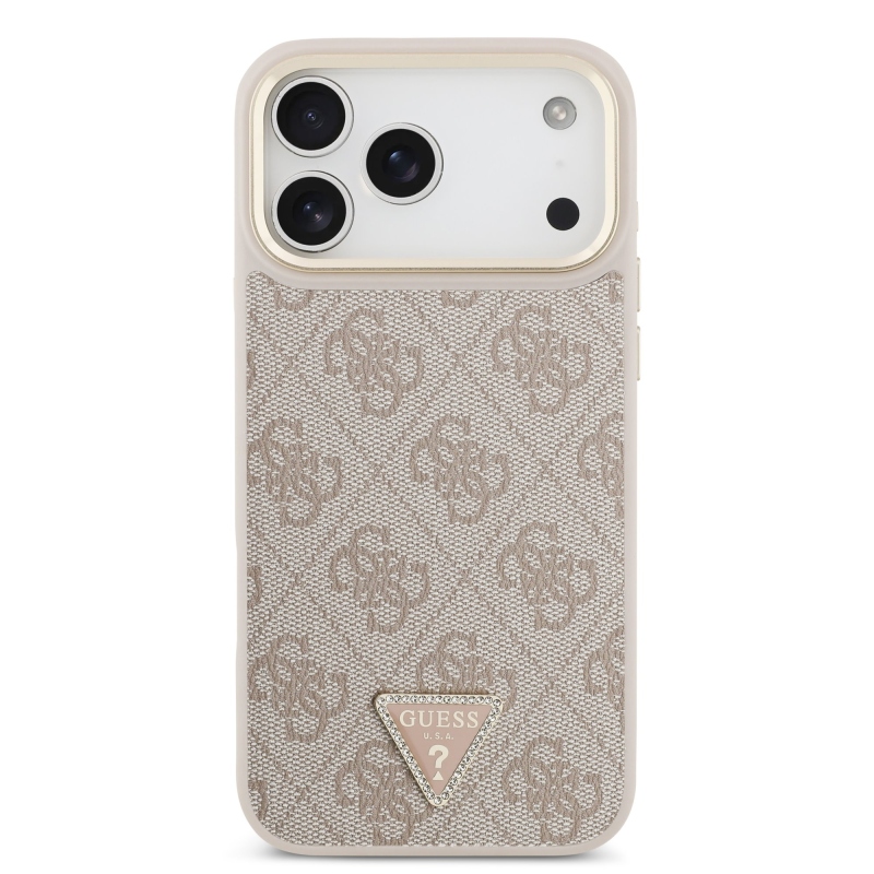 Guess PU Leather 4G Strass Triangle Logo Gold Frame MagSafe Zadní Kryt pro iPhone 18 Pro Max Pink