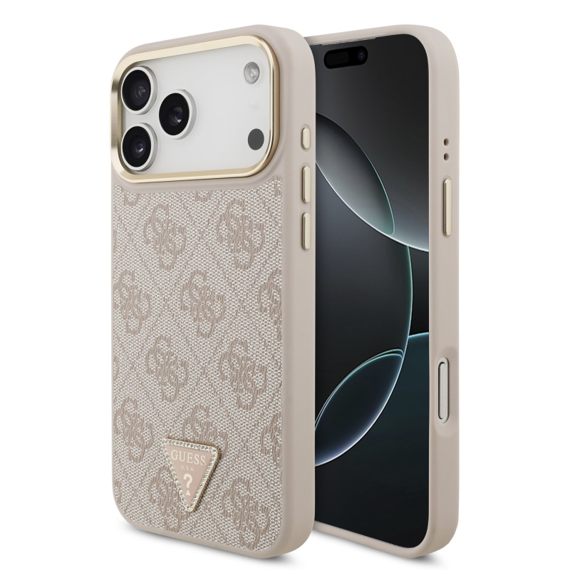 Guess PU Leather 4G Strass Triangle Logo Gold Frame MagSafe Zadní Kryt pro iPhone 18 Pro Max Pink