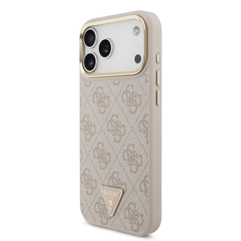 Guess PU Leather 4G Strass Triangle Logo Gold Frame MagSafe Zadní Kryt pro iPhone 18 Pro Max Pink