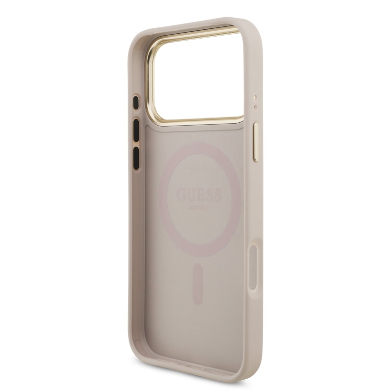 Guess PU Leather 4G Strass Triangle Logo Gold Frame MagSafe Zadní Kryt pro iPhone 18 Pro Max Pink
