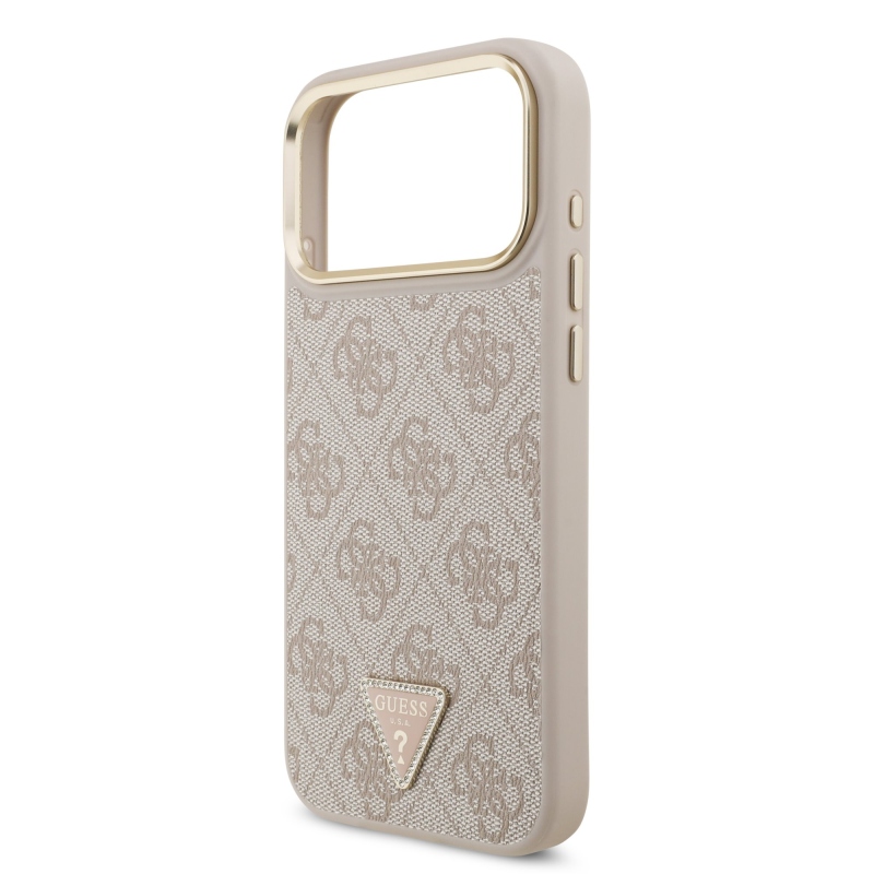 Guess PU Leather 4G Strass Triangle Logo Gold Frame MagSafe Zadní Kryt pro iPhone 18 Pro Max Pink