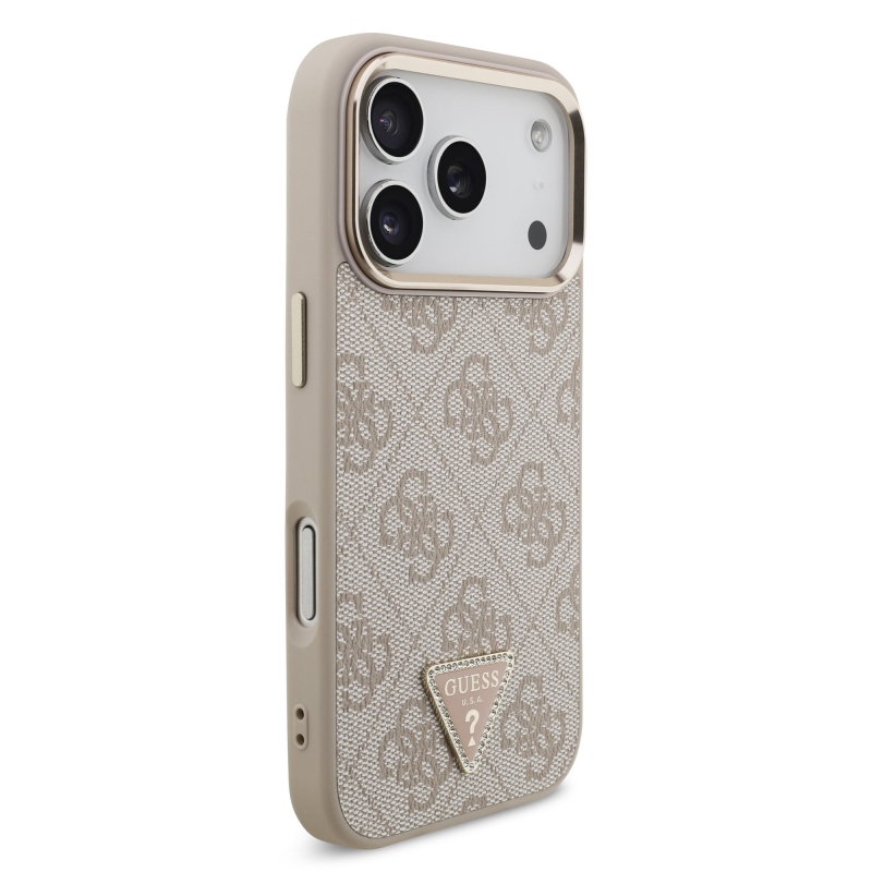 Guess PU Leather 4G Strass Triangle Logo Gold Frame MagSafe Zadní Kryt pro iPhone 18 Pro Pink