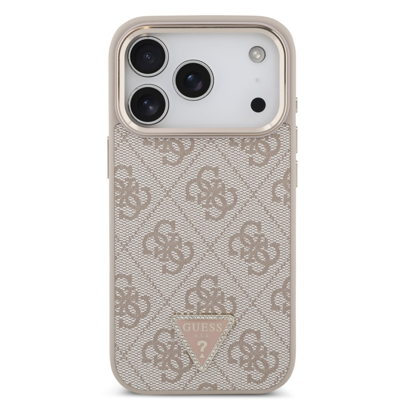 Guess PU Leather 4G Strass Triangle Logo Gold Frame MagSafe Zadní Kryt pro iPhone 18 Pro Pink