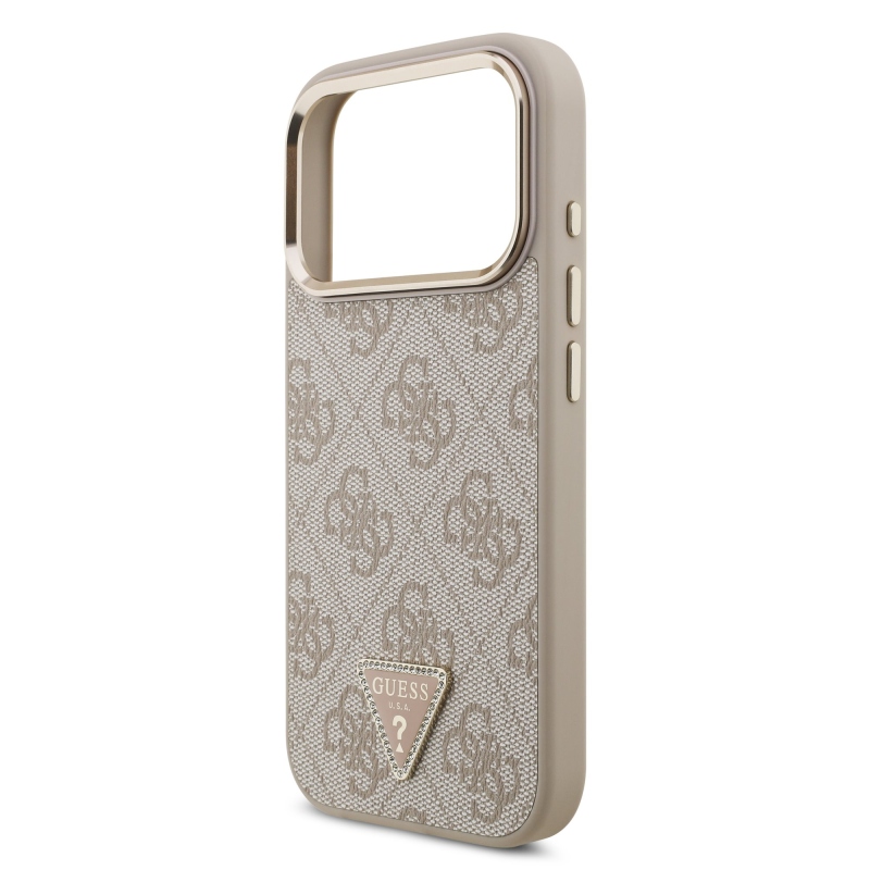 Guess PU Leather 4G Strass Triangle Logo Gold Frame MagSafe Zadní Kryt pro iPhone 18 Pro Pink