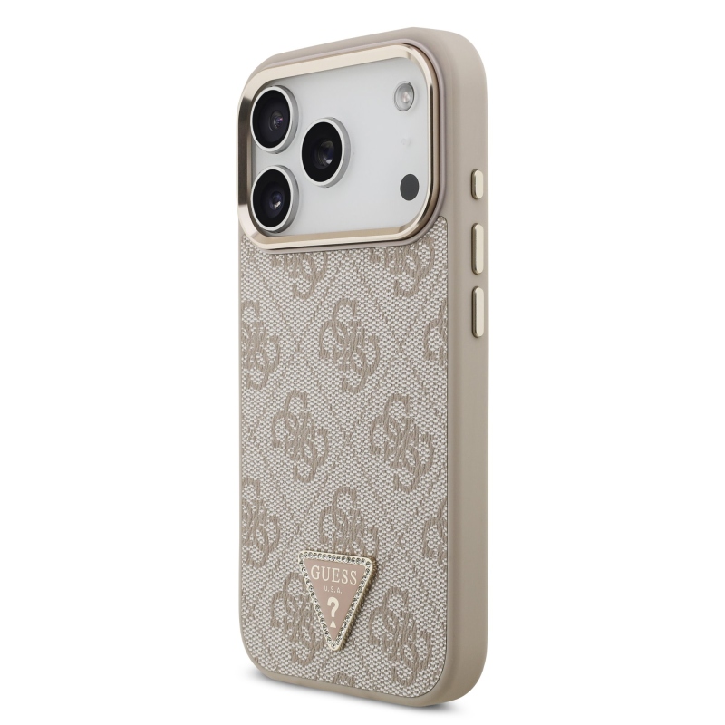 Guess PU Leather 4G Strass Triangle Logo Gold Frame MagSafe Zadní Kryt pro iPhone 18 Pro Pink