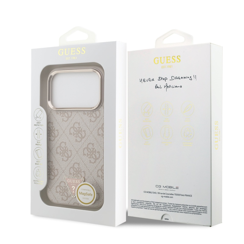 Guess PU Leather 4G Strass Triangle Logo Gold Frame MagSafe Zadní Kryt pro iPhone 18 Pro Pink