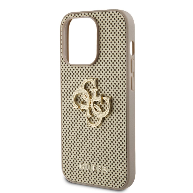 Guess PU Perforated 4G Glitter Metal Logo Zadní Kryt pro iPhone 15 Pro Gold