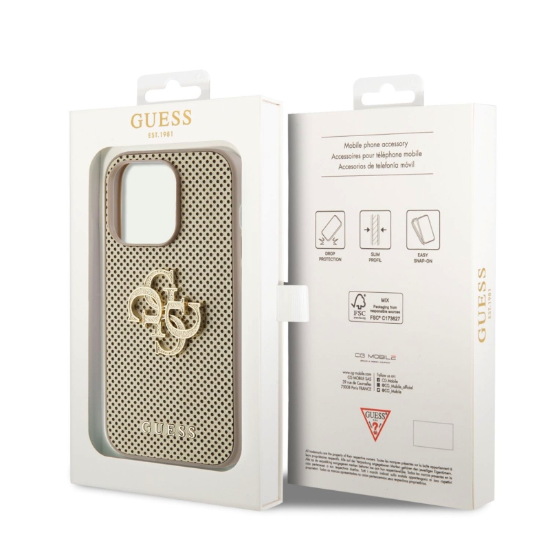 Guess PU Perforated 4G Glitter Metal Logo Zadní Kryt pro iPhone 15 Pro Gold