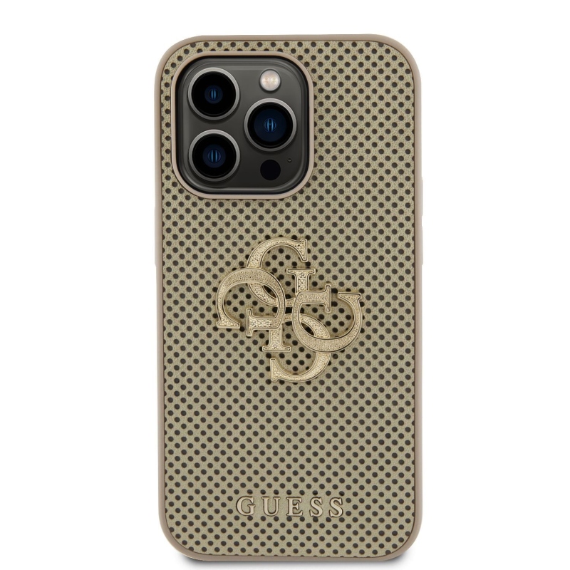 Guess PU Perforated 4G Glitter Metal Logo Zadní Kryt pro iPhone 15 Pro Gold