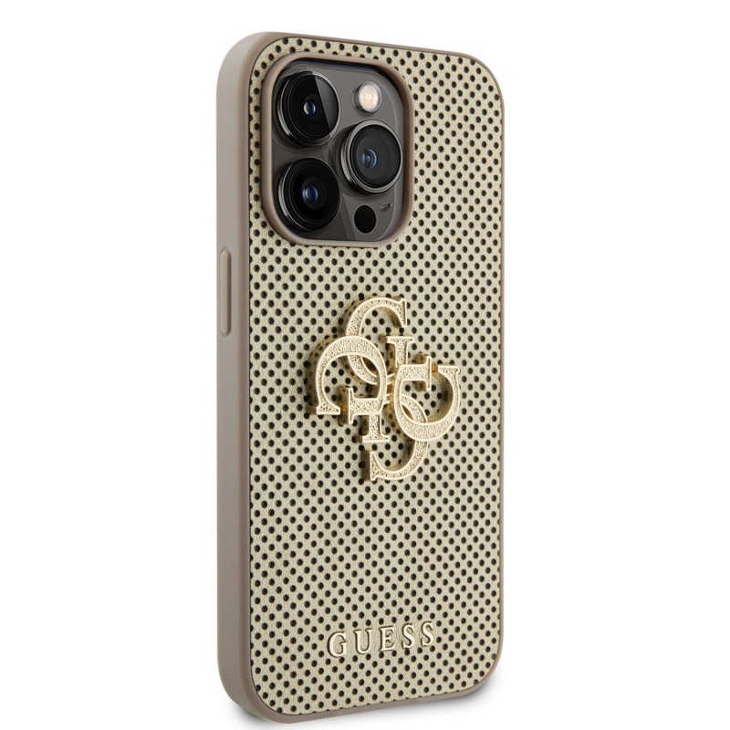 Guess PU Perforated 4G Glitter Metal Logo Zadní Kryt pro iPhone 15 Pro Gold