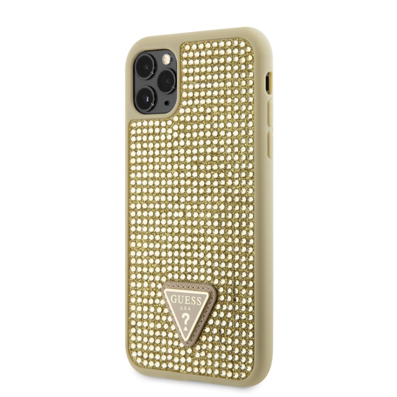 Guess Rhinestones Triangle Metal Logo Kryt pro iPhone 11 Pro Gold