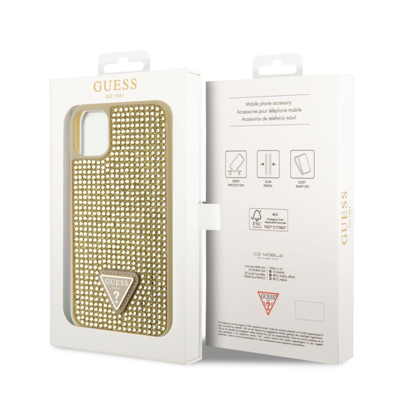 Guess Rhinestones Triangle Metal Logo Kryt pro iPhone 11 Pro Gold