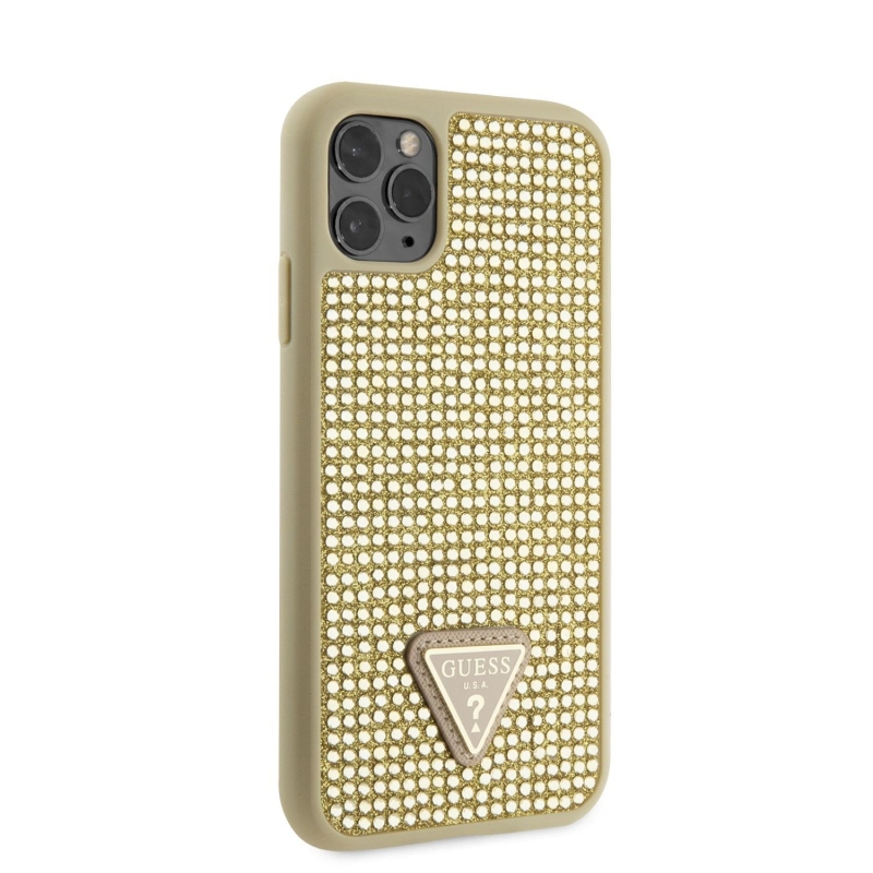 Guess Rhinestones Triangle Metal Logo Kryt pro iPhone 11 Pro Gold