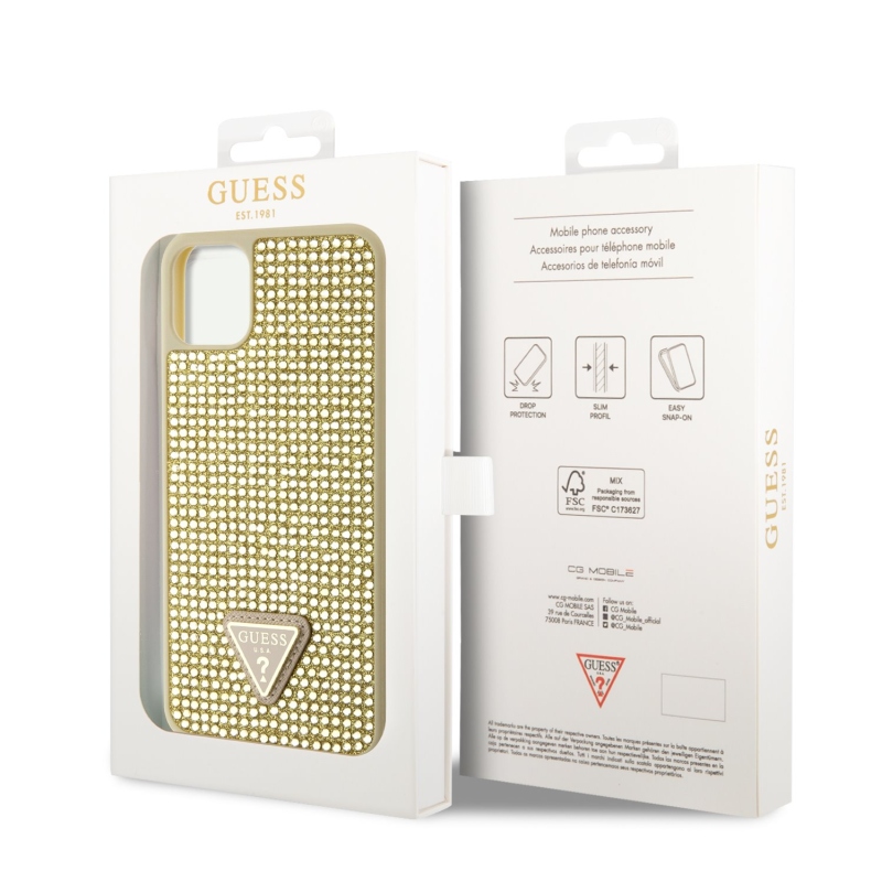 Guess Rhinestones Triangle Metal Logo Kryt pro iPhone 11 Pro Max Gold
