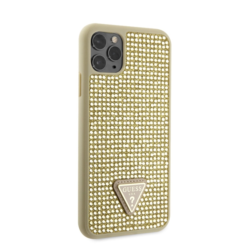 Guess Rhinestones Triangle Metal Logo Kryt pro iPhone 11 Pro Max Gold