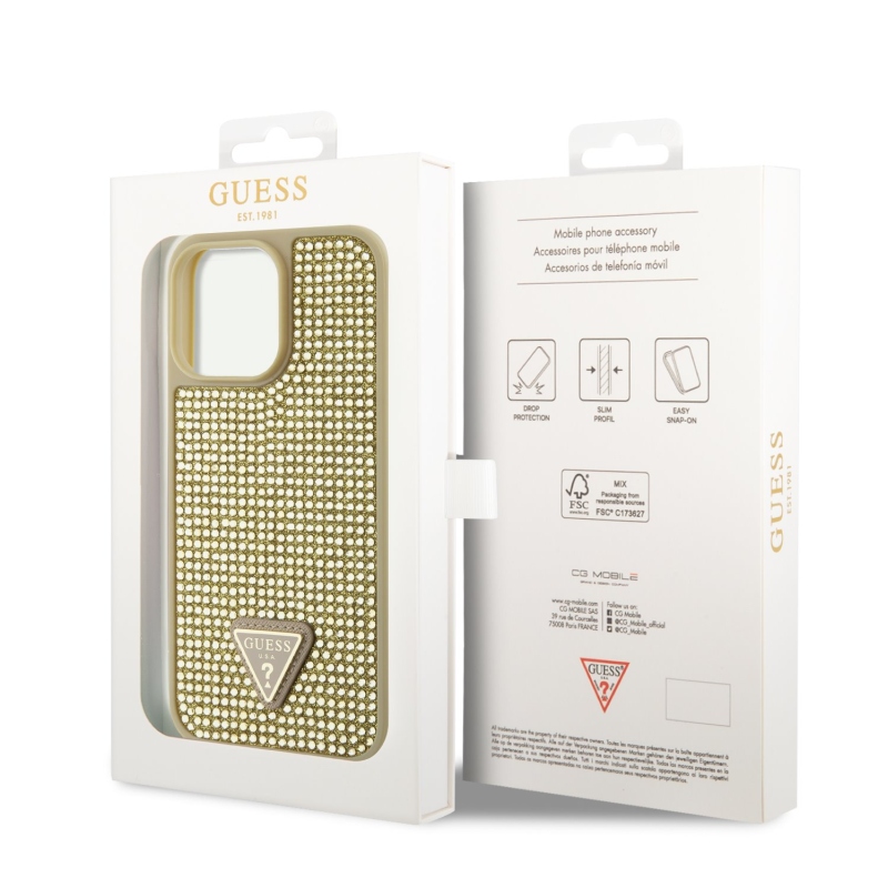 Guess Rhinestones Triangle Metal Logo Kryt pro iPhone 14 Pro Max Gold