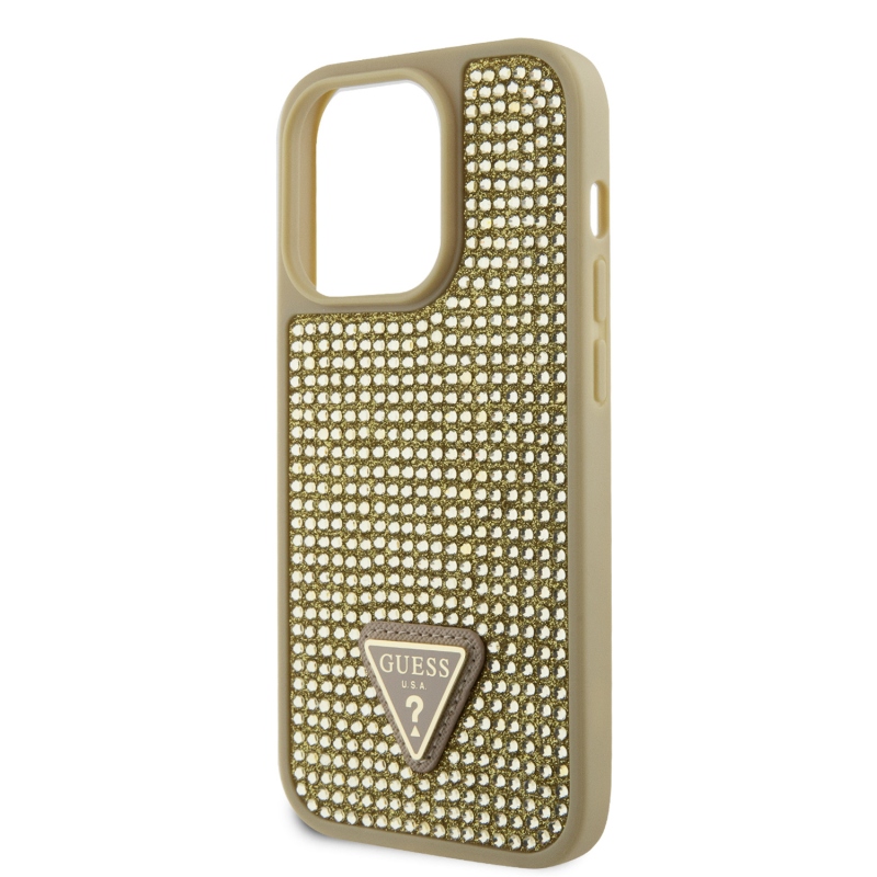 Guess Rhinestones Triangle Metal Logo Kryt pro iPhone 15 Pro Gold