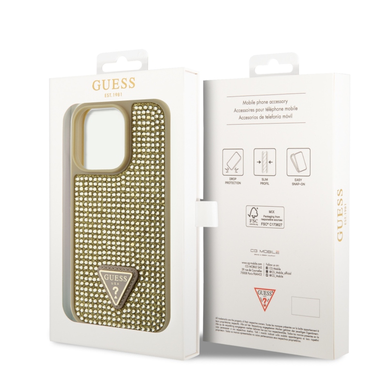 Guess Rhinestones Triangle Metal Logo Kryt pro iPhone 15 Pro Gold