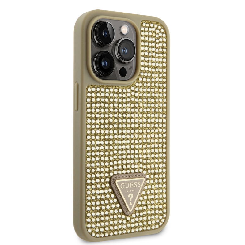 Guess Rhinestones Triangle Metal Logo Kryt pro iPhone 15 Pro Gold