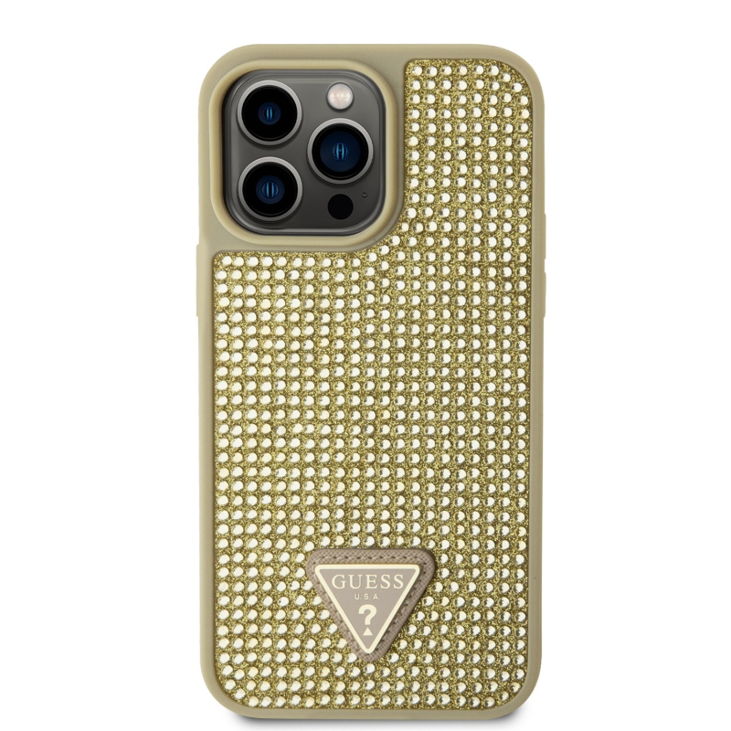 Guess Rhinestones Triangle Metal Logo Kryt pro iPhone 15 Pro Max Gold