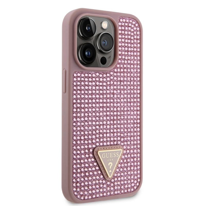 Guess Rhinestones Triangle Metal Logo Kryt pro iPhone 15 Pro Pink