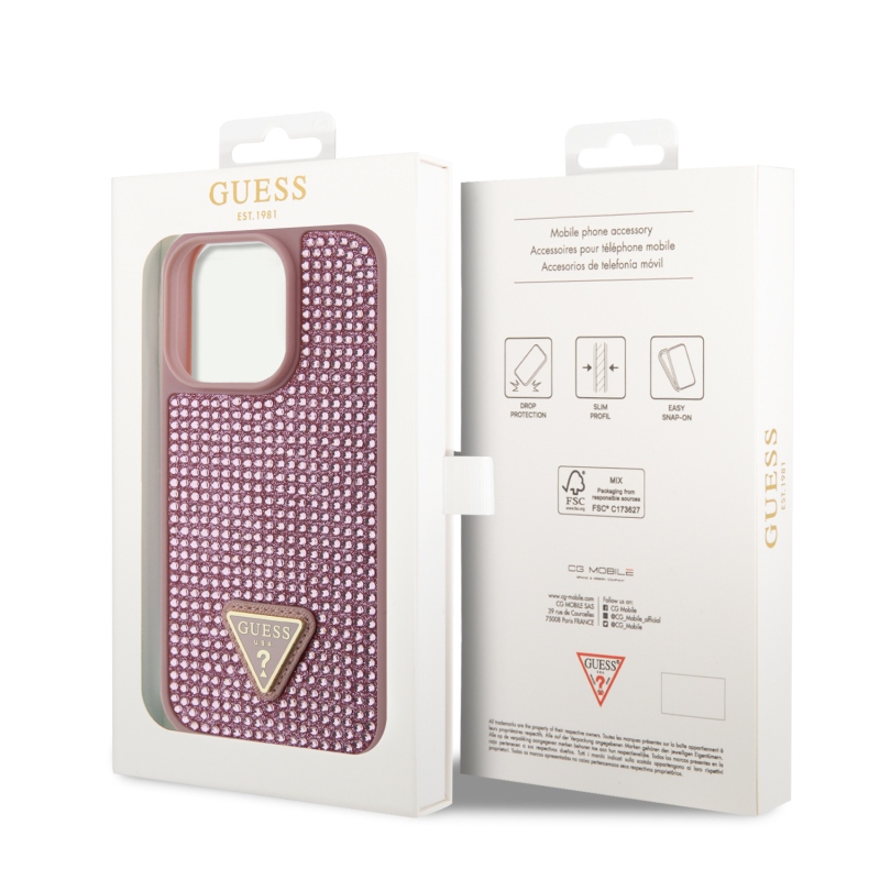 Guess Rhinestones Triangle Metal Logo Kryt pro iPhone 15 Pro Pink