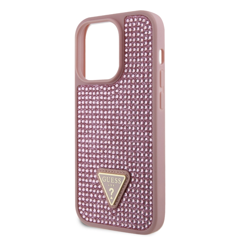 Guess Rhinestones Triangle Metal Logo Kryt pro iPhone 15 Pro Pink