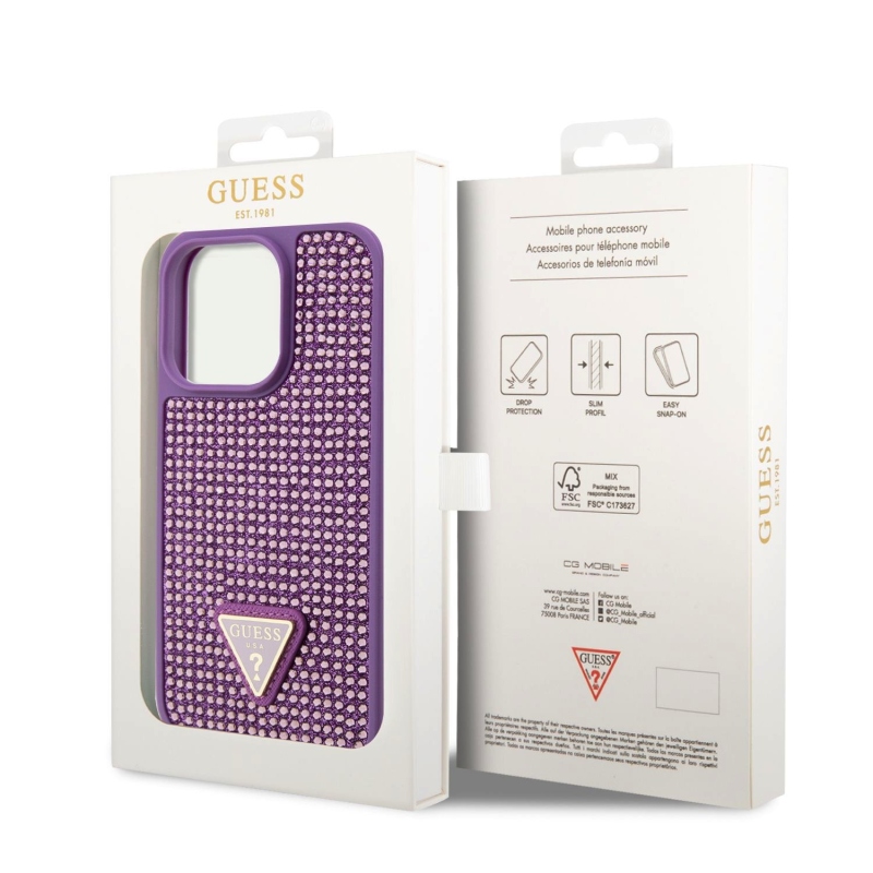 Guess Rhinestones Triangle Metal Logo Kryt pro iPhone 15 Pro Purple