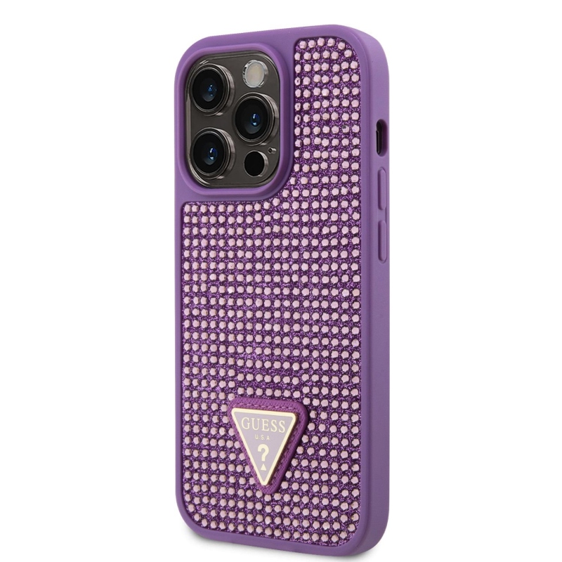 Guess Rhinestones Triangle Metal Logo Kryt pro iPhone 15 Pro Purple