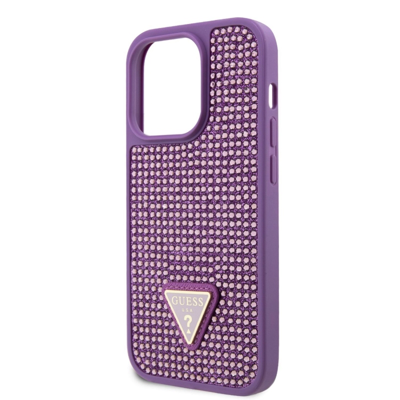 Guess Rhinestones Triangle Metal Logo Kryt pro iPhone 15 Pro Purple