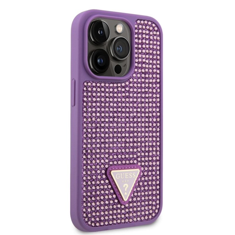 Guess Rhinestones Triangle Metal Logo Kryt pro iPhone 15 Pro Purple