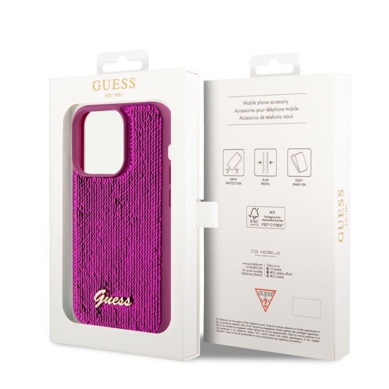 Guess Sequin Script Logo Zadní Kryt pro iPhone 14 Pro Magenta