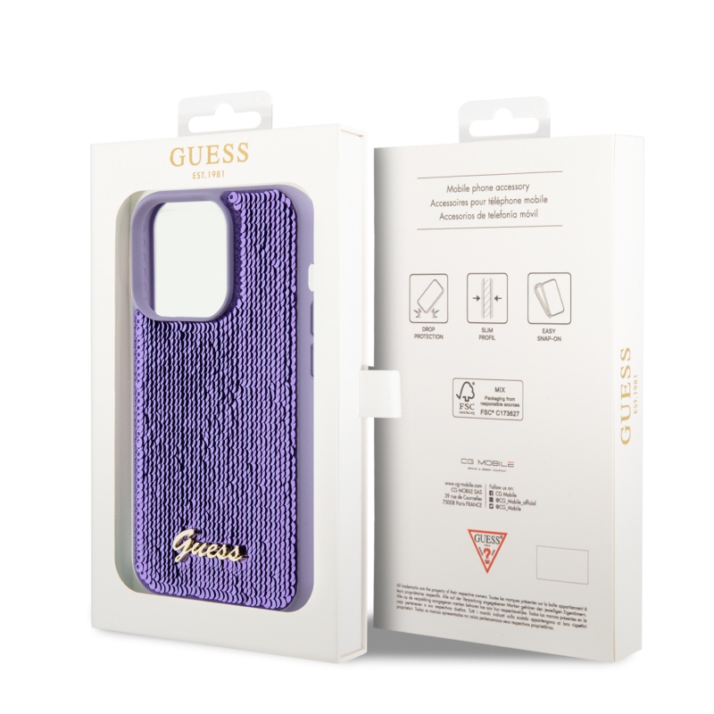 Guess Sequin Script Logo Zadní Kryt pro iPhone 15 Pro Max Purple